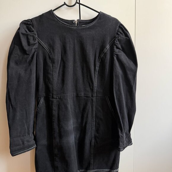 STELEN Black Denim Mini Dress with Puffy Sleeves and Contrast Stitching- Large - Picture 2 of 4